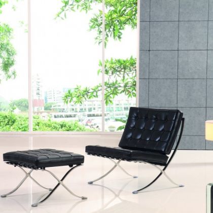 Barcelona chair + ottoman set in black leather